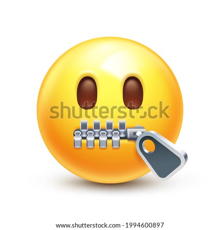 Zip mouth emoji. Silent emoticon with closed metal zipper for mouth, secret 3D stylized vector icon