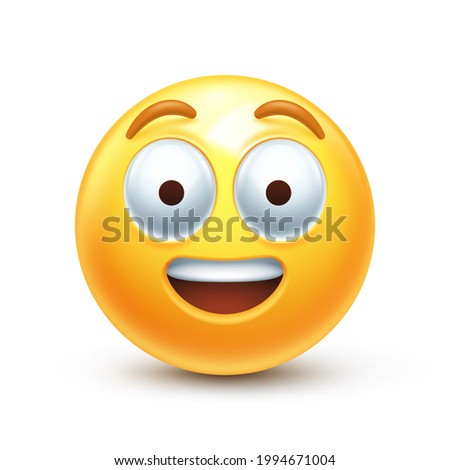 Wonder emoji. Surprised emoticon with big eyes, open smile and raised eyebrows 3D stylized vector icon