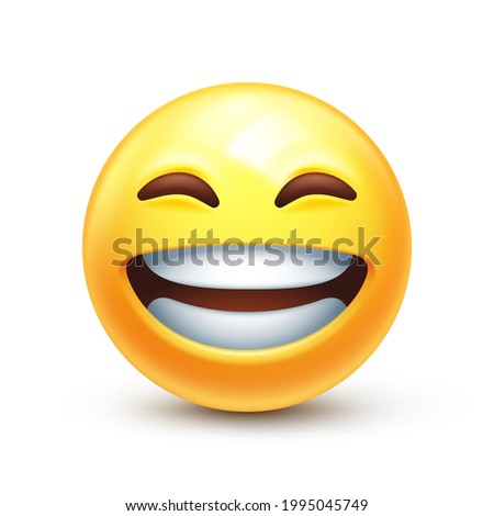 Beaming emoji with smiling eyes. Grinning emoticon with radiant smile. Full-toothed grin on happy yellow face 3D stylized vector icon