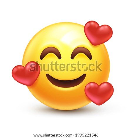 In love emoji. Smiling emoticon with three hearts 3D stylized vector icon