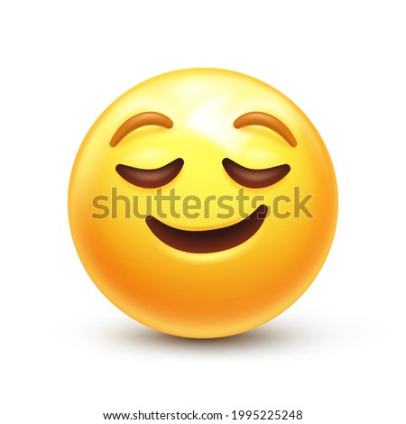 Calm emoji. Relieved emoticon, peaceful face with closed eyes and happy smile 3D stylized vector icon