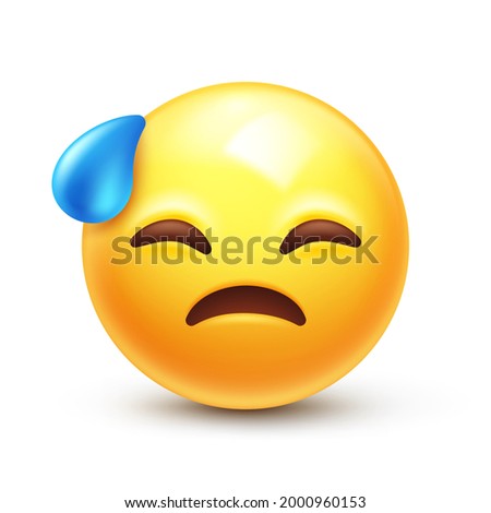 Downcast emoji with cold sweat. Sad yellow face, emoticon with closed eyes 3D stylized vector icon