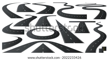 Race road to horizon. Asphalt roads, highway turn and curve long way. Vector includes white stripes and two yellow lines road markings