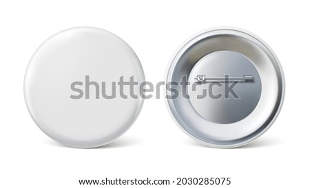 Pin badge mockup. White round badge on metal pin realictic vector illustration