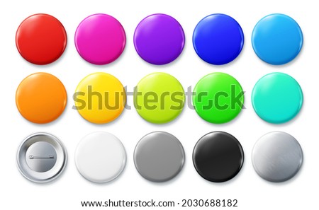 Color pin badges. Glossy round button, pinned badge vector mockup set