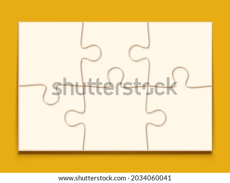 Puzzle 3x2 grid. Jigsaw with 6 pieces, mind puzzles mockup and mosaic game vector illustration