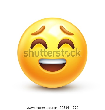 Confused smile emoji. Embarrassment emoticon, awkward smiling face or undeserved gratitude vector icon