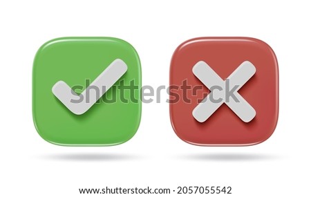 Checkmark icons. Green tick and red cross checkmarks. Check mark and X 3D stylized symbols