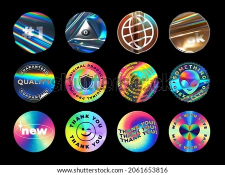 Iridescent holographic foil stickers. Holo emblems, round original and quality guaranteed labels. Textured foiled circles vector illustration set