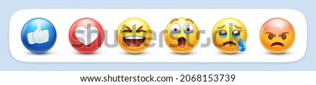 Emoji reactions. Thumb up Like, Love heart, Haha laughing, Wow surprised emoticon, Sad crying and Angry flushed face 3D stylized vector icons