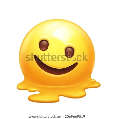 Melting emoji with exhausted smile. Melted yellow face, smiling emoticon melting into a puddle 3D stylized vector icon
