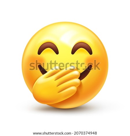 Chuckle Emoji. Emoticon cover mouth with hand while laughing, smile with flushed face 3D stylized vector icon