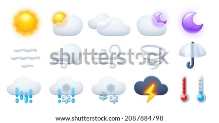 Weather icons. Thunderstorm lightning, rain and snow clouds. Hot and cold thermometer, wind and umbrella symbols for meteo forecast app. Vector illustrations set
