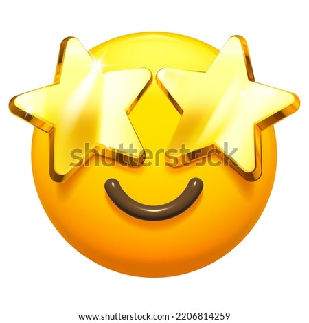 Starry eyed emoji. Golden stars for eyes excited emoticon with smile 3D stylized vector icon