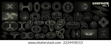 Wireframe 3D shapes. Tunnel grid, abstract torus surface mesh and geometric vortex vector set