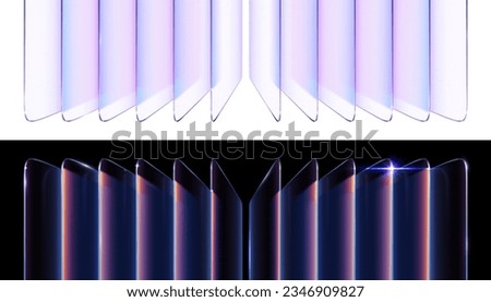 Gradient Glass effect. Stacking cards, row of transparent planes and abstract glossy frosted glass backdrop on black and white backgrounds. Vector illustration
