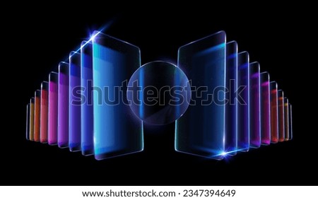 Colorful gradient glass effect. Multi-layered frosted glass layers with blur through transparency. Geometric 3D composition for mobile app presentation promo with free space for icon