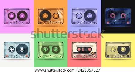 Retro transparent music cassette tape. Pop art mixtape tapes mockup vector illustration set