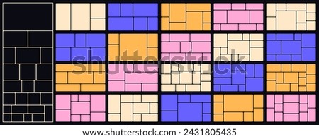 Bento style layout grid templates. Web comics grids, various panel arrangements and different size tiles vector set