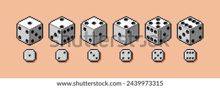 Pixel art board games dice roll. Classic six sided dice for tabletop game, 8-bit retro vector illustration set