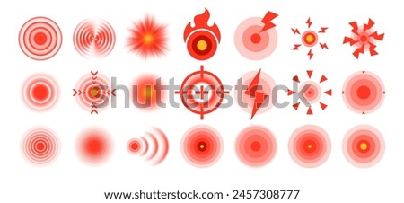 Pain source location. Red target ache mark and pain focus area symbols, sore spot indicator and hurt points isolated vector set