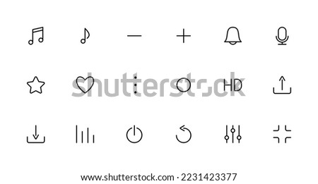 Set of 18 vector thin line icons, media, player, collection of vector buttons illustration.