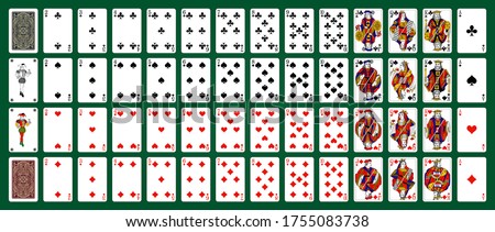 Poker set with isolated cards on green background. 52 French playing cards with jokers.
