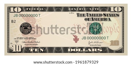 US Dollars 10 banknote - American dollar bill cash money isolated on white background - ten dollars