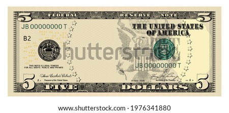 US Dollars 5 banknote  -American dollar bill cash money isolated on white background - five dollars
