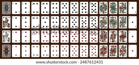 52 playing cards with jokers. Poker set with isolated cards. Poker playing cards, full deck.