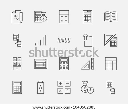 Set of Calculation Vector Line Icons. Contains such Icons as Calculator Icon, Pencil, Click, Money Bag, Percent symbol, Square and Ruler. Editable Stroke. 32x32 Pixel Perfect.