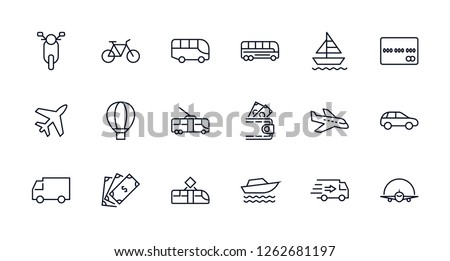 Set of Public Transport Related Vector Line Icons. Contains such Icons as Bus, Bike, Scooter, Car, balloon, Truck, Tram, Trolley, Sailboat, powerboat, Airplane and more. Editable Stroke. 32x32 Pixel