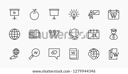 Wikipedia's birthday Set Line Vector Icon. Contains such Icons as Wikipedia, Apple, Book, Teacher, Blackboard, Pointer, Web Globe, Directory, Search, Lamp, Calendar Editable Stroke 32x32 Pixel Perfect