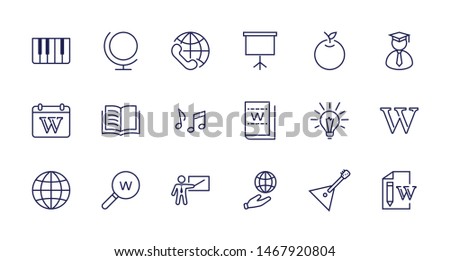 Wikipedia's birthday Set Line Vector Icon. Contains such Icons as Wikipedia, Open Book, Teacher, Blackboard, Pointer, Web Globe, Directory, Search, Lamp, Calendar. Editable Stroke. 32x32 Pixel Perfect