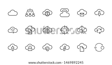 Set of cloud vector line icon. It contains symbols to upload, download, link and more. Editable Stroke. 32x32 pixels.