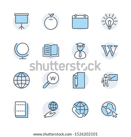 Wikipedia's birthday Set Line Vector Icon. Contains such Icons as Wikipedia, Open Book, Teacher, Blackboard, Pointer, Web Globe, Directory, Search, Lamp, Calendar. Editable Stroke. 32x32 Pixel Perfect