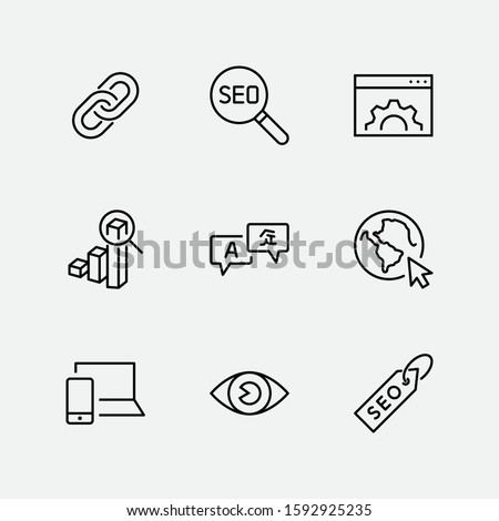 Set of SEO Related Vector Line Icons. Contains such Symbols as Web icon, Eye, Localization, Link, Traffic, Translate, Performance Tracking, Point and more. Editable Stroke. 32x32 Pixel Perfect.