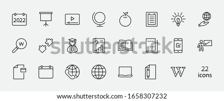 Wikipedia's birthday Set Line Vector Icon. Contains such Icons as Wikipedia, Open Book, Teacher, Blackboard, Pointer, Web Globe, Directory, Search, Lamp, Calendar. Editable Stroke. 32x32 Pixels