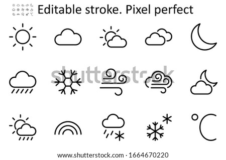 Set of Weather vector line icons. Contains symbols of the Sun, Clouds, Snowflakes, Wind, Rainbow, Moon and much more. Editable Stroke. 48x48 Pixel Perfect