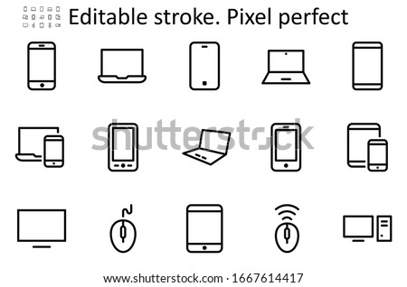 Set of Smart Devices and gadgets, computer equipment and electronics. Electronic devices icons for web and mobile vector line icon. Editable Stroke. 48x48 Pixel Perfect