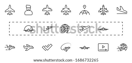 Set of Plane vector line icon. It contains symbols to aircraft, globe and more. Editable Stroke. 32x32 pixels.