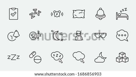 Sleep Vector Line Icons Set. Contains such Icons as Alarm Clock, Bed, Insomnia, Pillow, Sleeping Pills, Bell, Glasses for sleep, Bubble and more. Editable Stroke. 32x32 Pixels