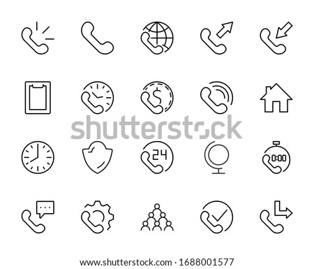 Set of Phone vector line icons. It contains the symbols of incoming, outgoing, missed calls, global call and round the clock online support and much more. Editable Stroke. 32x32 pixels.
