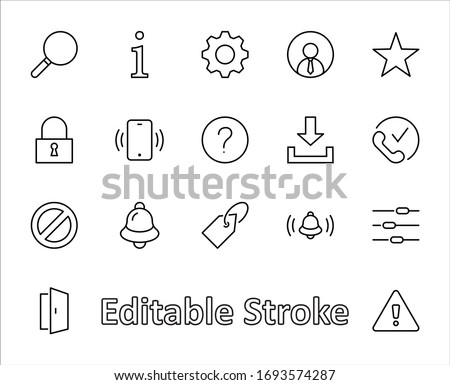 Set of Interface Related Vector Line Icons. Contains such Icons as User, Search, Info, Star, Bell, Door, Settings, Lock, Alert, Gear and more. Editable Stroke. 32x32 Pixels
