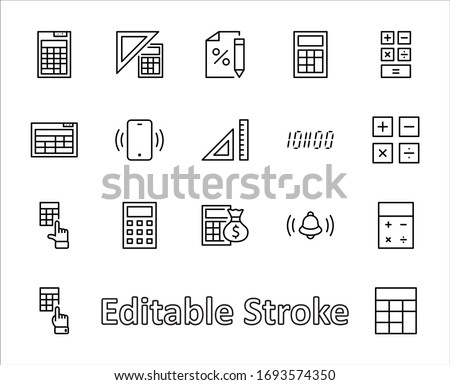 Set of Calculation Vector Line Icons. Contains such Icons as Calculator Icon, Pencil, Click, Money Bag, Percent symbol, Square and Ruler. Editable Stroke. 32x32 Pixels