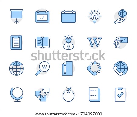 Wikipedia's birthday Set Line Vector Icon. Contains such Icons as Wikipedia, Open Book, Teacher, Blackboard, Pointer, Web Globe, Directory, Search, Lamp, Calendar. Editable Stroke. 32x32 Pixel Perfect