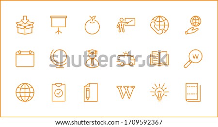 Wikipedia's birthday Set Line Vector Icon. Contains such Icons as Wikipedia, Open Book, Teacher, Blackboard, Pointer, Web Globe, Directory, Search, Lamp, Calendar. Editable Stroke. 32x32 Pixels