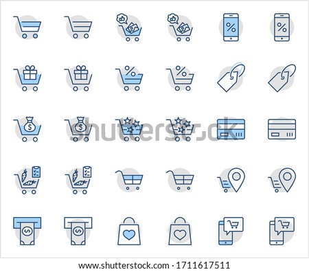 Shopping Cart Vector Line Icons Set: Money, ATM, List Products, Vegetables, Bank Card, Terminal, Bag, Favorite Shopping, Gifts, Express Checkout, Mobile Shop and more. Editable Stroke. 32x32 Pixel