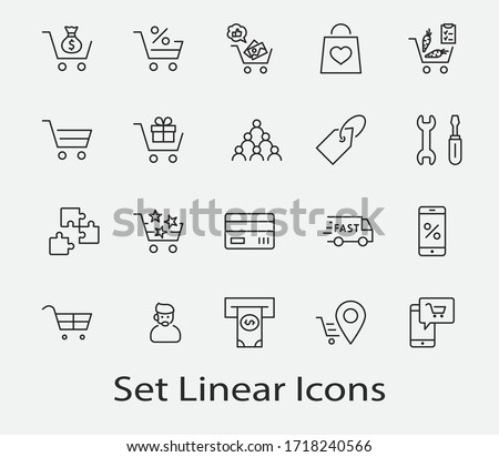 Shopping Cart Vector Line Icons Set: Money, ATM, List Products, Vegetables, Bank Card, Terminal, Bag, Favorite Shopping, Gifts, Express Checkout, Mobile Shop and more. Editable Stroke. 32x32 Pixels