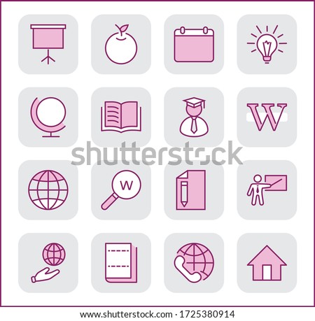 Wikipedia's birthday Set Line Vector Icon. Contains such Icons as Wikipedia, Open Book, Teacher, Blackboard, Pointer, Web Globe, Directory, Search, Lamp, Calendar. Editable Stroke. 32x32 Pixel Perfect